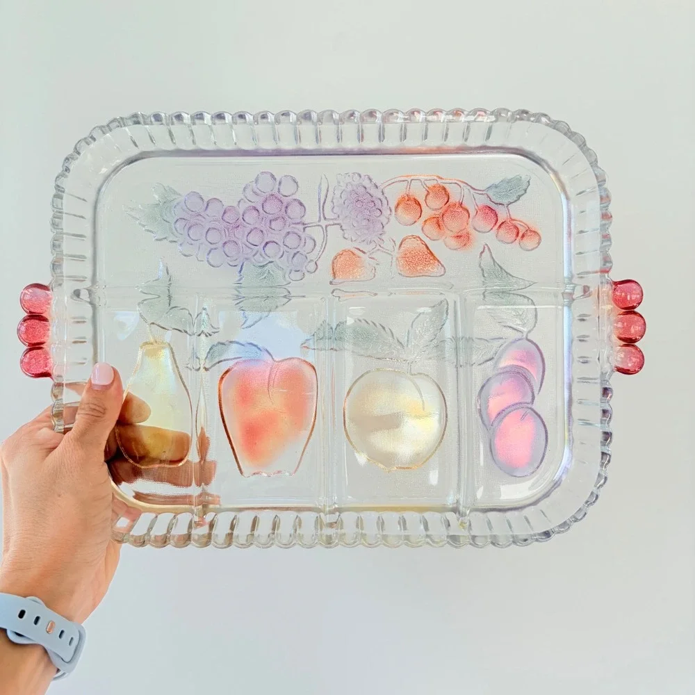 Vintage Iridescent Glass Fruit Divided Serving Tray Scalloped Edge Pink Handles